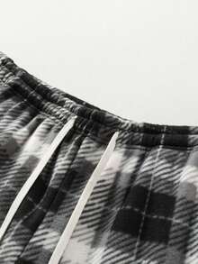 Men's Plaid Wool Lined Wide Leg Pants, Elastic Waist Drawstring Loose Casual Pants With Side Pockets, Suitable For Winter Outdoor Wear - Black - View 5