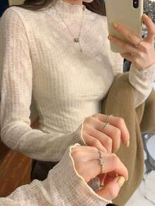 French Lace Mock Neck Slim Fit Women's Base Layer Top, Elegant Unique Innerwear, Soft Style, Spring/Autumn/Winter 2026 - Apricot - View 2