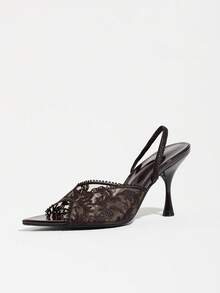 女款尖頭蕾絲刺繡波浪網紗高跟涼鞋，優雅舒適時尚，百搭簡約性感，適合晚宴聚會穿著，棕色高跟鞋 - 棕色 - 查看 7