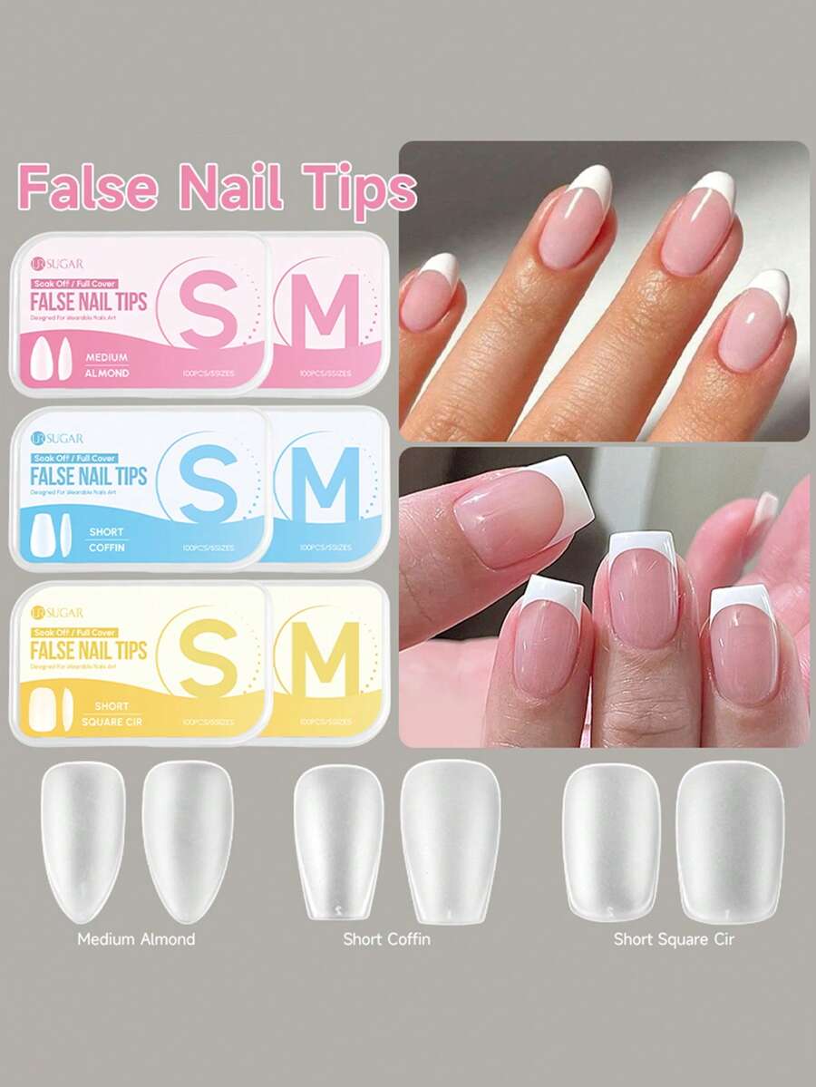 UR SUGAR 100Pcs Full Cover Press On Nail Tips Medium Almond Short Coffin False Nail Soak Off Gel Nail Extension Tips Capsule - Clear - View 1