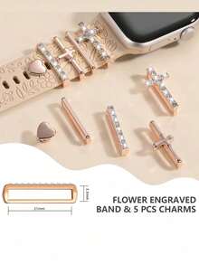 6-In-1 Floral Engraved Watch Band + Metal Charms Decorative Ring Compatible With Apple Watch Band 40mm 41mm 42mm 38mm 44mm 45mm 46mm 49mm, Boho Soft Silicone Sports Rose Flower Watch Band With Diamond Rhinestone Pendant Ring Compatible With Apple Watch 12 11 10 9 8 7 6 5 4 3 2 1 For Women - Milk Tea + Cross - View 10