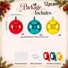 12 Pcs 18 Inch Christmas 4D Metallic Foil Balloons Kit, Red Dark Green Gold Round Hanging Balloons With Pump Ribbon 24 Ceiling Hooks For Christmas Party Ceiling Hanging Decor Supplies - View 4