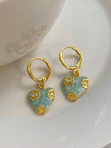 1 Pair Fashion Minimalist Glass Oil Drop Heart-Shaped Earrings, Suitable For Women's Casual And Party Wear - Yellow Gold - View 7