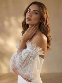 1 Pair White Eyelash Lace Short Flare Sleeve Cuffs, Detachable Bridal Wedding Dress Bubble Sleeves Accessories - White - View 4
