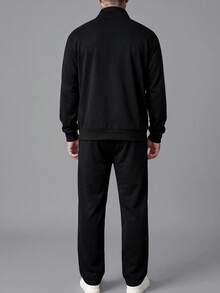 Solid Color Stand Collar Full Zip Jacket Men's Casual Commute Travel Layering Sweatshirt - Black - View 2