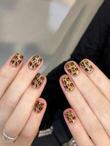10pcs Short Rectangular Press-On Nails, Autumn/Winter Leopard Print Cat Eye Short Nails, Fashionable Versatile, Elegant Style, Full Coverage Fake Nails, Suitable For Women And Girls Daily Wear, Dating, Party - Multicolor - View 1