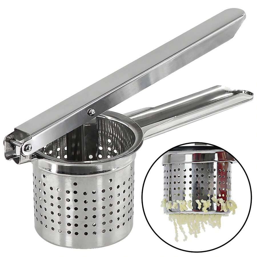 Geezy Stainless Steel Potato Ricer Masher – Fruit Press, Vegetable Crusher, Baby Food Masher & Puree Maker For Smooth Mash – Dishwasher Proof Kitchen Accessories, Easy Gadgets & Tools For Cooking - Silver - View 1