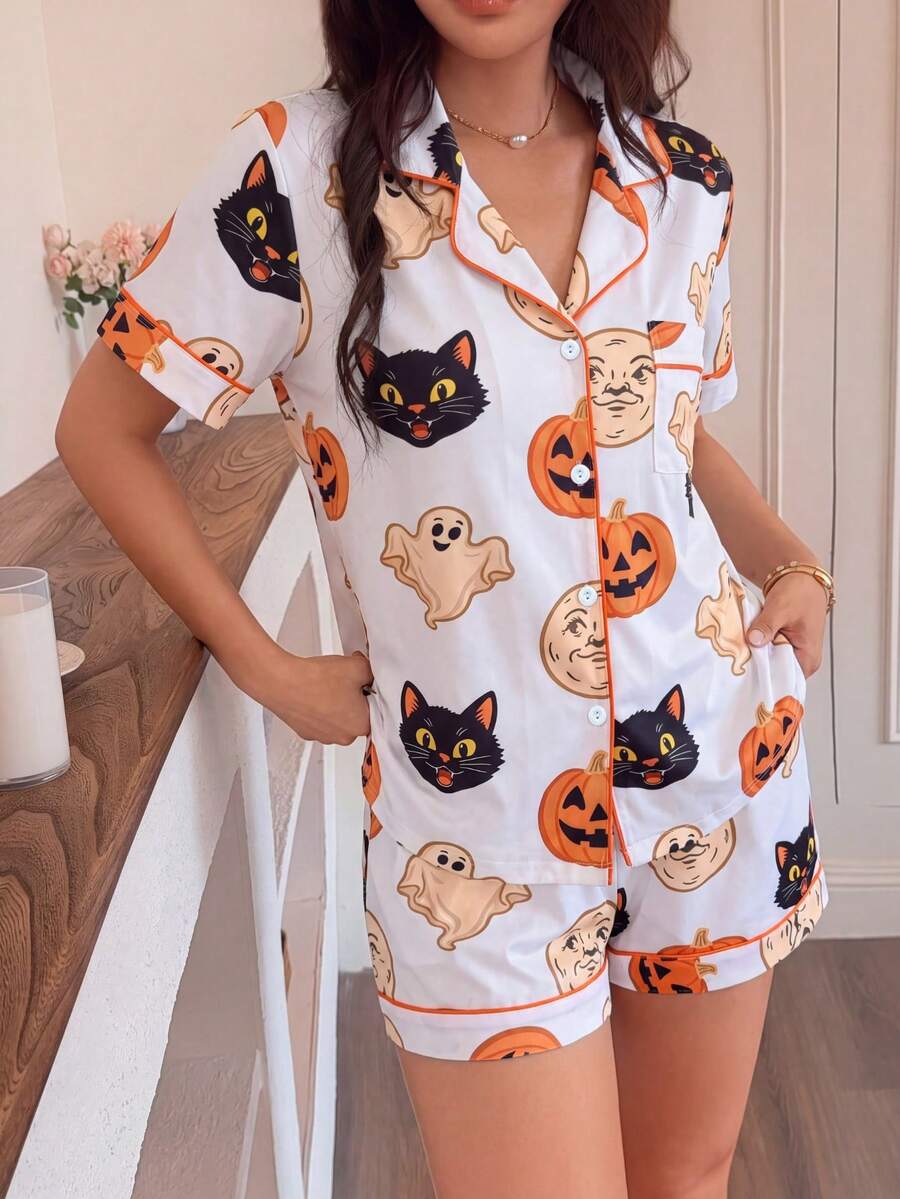 2pcs Women's Pumpkin Soft Cute Ghost Black Cat Vintage Moon Print Short Sleeve Pajama Set, Summer New Lapel Cardigan Top And Shorts Two Pieces Set, Soft Skin-Friendly Breathable Lightweight Home Wear, Can Be Worn Out, Daily Casual Loose Fit, Suitable For All Body Types, Multiple Sizes Available, Sweet Youthful Style, Versatile And Timeless, Must-Have Comfortable Pajama Set For Girls, Balances Fashion And Comfort, Suitable For Various Home Scenes - White - View 1