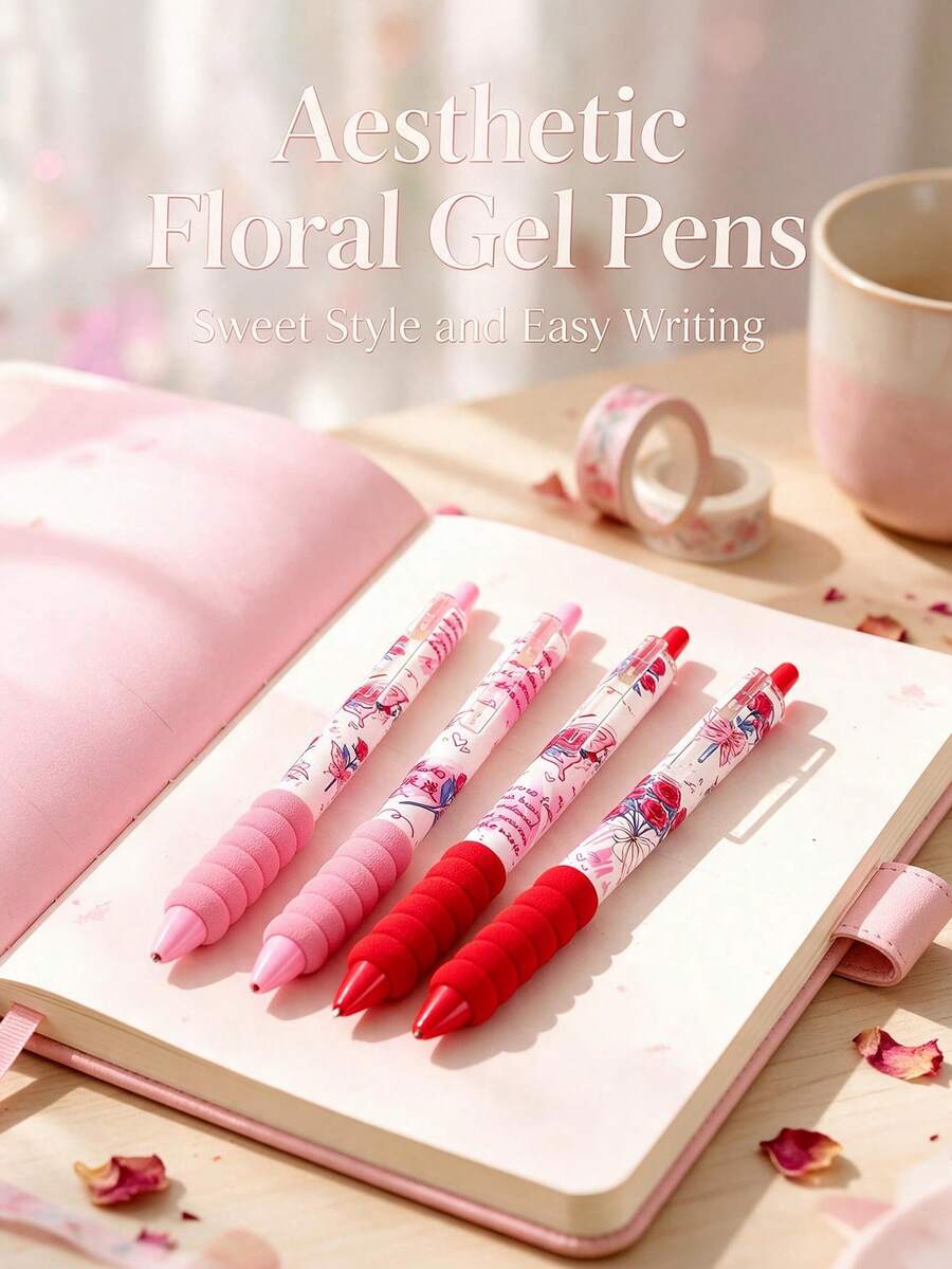 1/4pcs Rose Butterfly Floral Print Retractable Neutral Gel Pens, Quick-Dry Black Ink Ballpoint Pens, Soft Sponge Grip Stress Relief Hand Protection Pens, Highly Attractive Aesthetic Student Stationery For Journaling And Writing - Sets - View 1