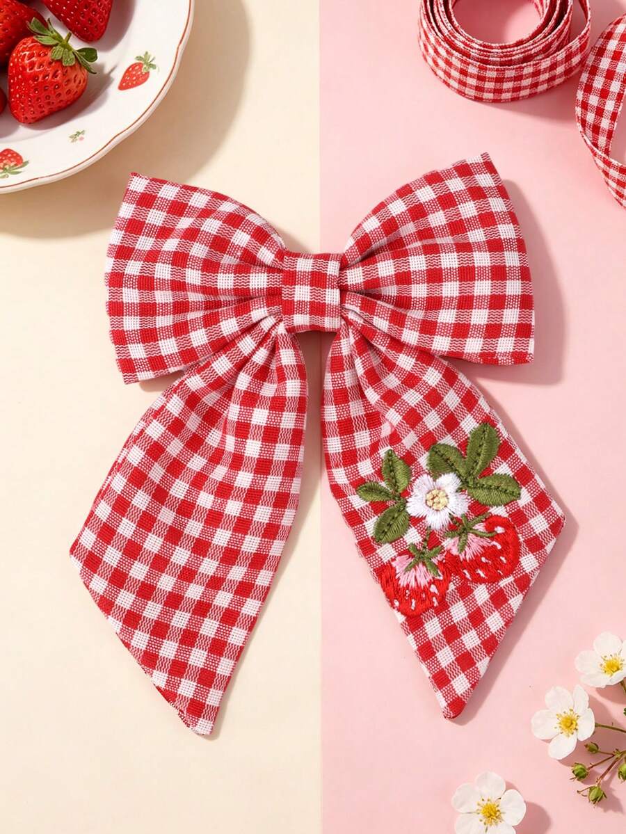 1pc Cute Red Plaid Bow Hair Clips For Kid Girls,Strawberry Embroidered Hairpins For Autumn Winter Daily,Gift,Child Girls' Checked Hair Accessory. - Multicolor - View 1