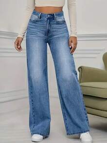 Teen Girls Light Blue Casual Daily Travel Washed Straight Leg Wide Leg Loose Fit Jeans With Pockets And Buttons - Light Wash - View 3