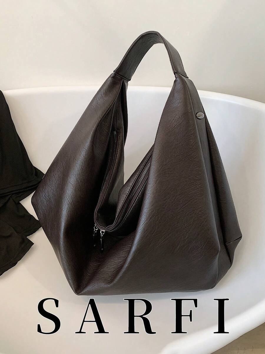 High End Fashionable Lazy Style Women's Tote Bag, Simple And Versatile PU Material Large Capacity Storage Shoulder Bag/Armpit Bag - Coffee Brown - View 1
