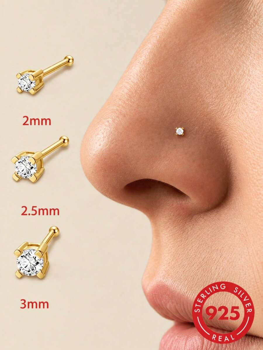 1件 2mm-3mm 925純銀直棒 L型鼻環，中性穿刺飾品，低過敏唇釘式推入式耳環