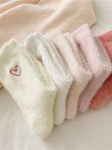 4 Pairs Women's Plush Mid-Calf Socks, Heart Pattern Warm Socks, Soft And Comfortable, Suitable For Autumn/Winter, Random Color - Multicolor - View 6
