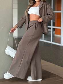 LUNNELUX Women Fall Solid 2 Pieces Lapel Single Button Blazer & High Waist Wide Leg Pants Set, Elegant Office Streetwear 2 Pieces Outfits - Brown - View 6