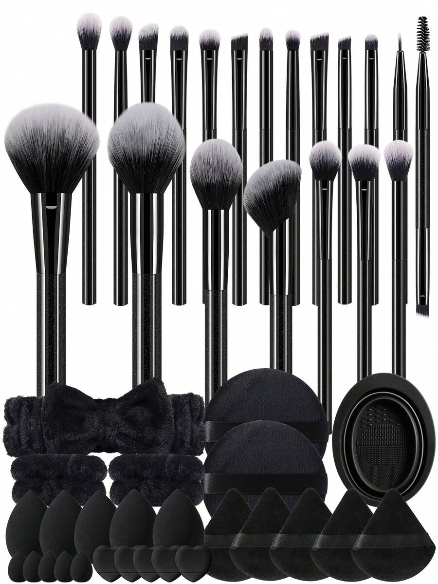 20/46PCS Makeup Tools Set, 20Pcs Makeup Brushes, Includes Makeup Sponges, Triangle Powder Puffs, Silicone Brush Cleaning Mat, Soft Elastic Bristles Cosmetic Brushes For Foundation, Blush, Eyeshadow, Full Face Makeup Tools Kit For Daily Makeup - Black - View 1