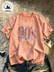 Women's 90s Vintage Print T-Shirt, Casual Short Sleeve Crew Neck Washed Top (Suitable For All Seasons), Orange, Women's Autumn Clothing Summer - Orange - View 9