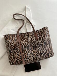1pc Brown PU Smooth Zipper Leopard Print Fashion Versatile Casual Minimalist Autumn/Winter New Niche Shoulder Tote Bag For Women Daily Use - Brown - View 5
