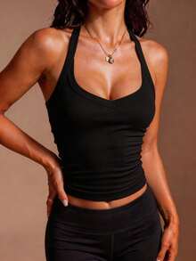 Spring/Summer Casual Sexy Versatile Ribbed Halter Neck Tank Top - Black - View 5