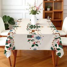 1pc Nordic Reindeer Christmas Tablecloth, Christmas Tree Gift Box Bell Holly Berry Print Pattern, Polyester Material Single-Sided Print, Suitable For Tabletop, Washable And Reusable, Suitable For Indoor, Outdoor, Yard, Wedding, Banquet, Party, Outdoor Dining, Winter Holiday Dinner Table Setting, Christmas Home Decor - Multicolor - View 6