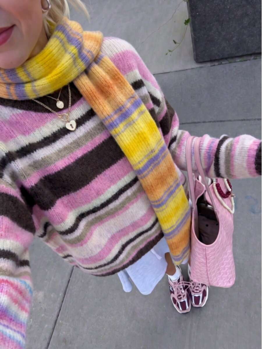 Women's New Autumn Contrast Color Textured Striped Crew Neck Knit Sweater, Casual Daily, College, Commute - Multicolor - View 1