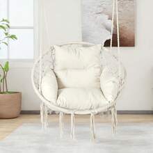 Hamaca Colgante de Cuerda Blanca 208x102 cm| Silla Colgante Circular de Macramé con Cojines Incluidos para Recámara Porche y Balcón| Resistente hasta 330 Libras con Diseño Bohemio| Fácil de Colgar - Blanco - Ver 1
