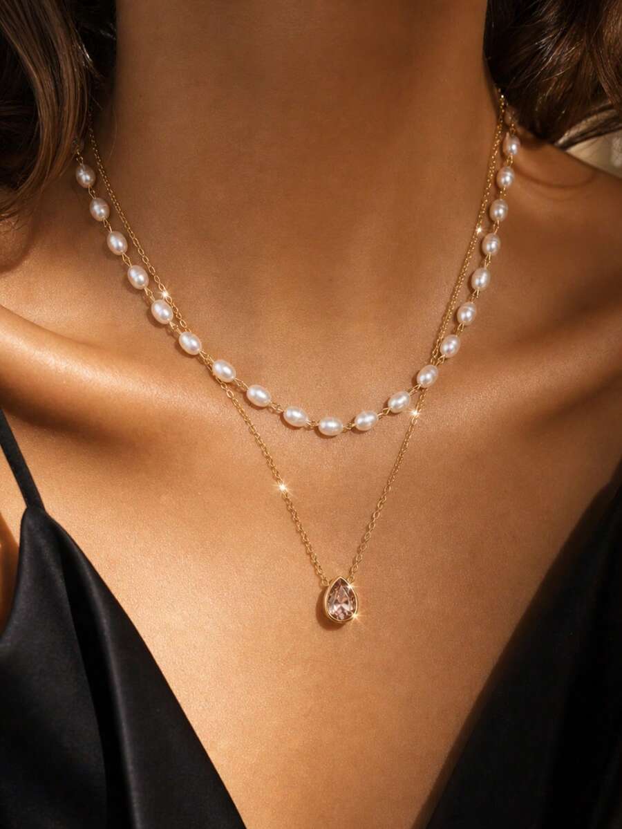 VceTd 2PCS Romantic Elegant Stainless Steel Necklace Set For Women With White Rice Bead Chain And Champagne Water Drop Pendant, Suitable For Daily Wear, Dating Or Holiday Gift - Yellow Gold - View 1