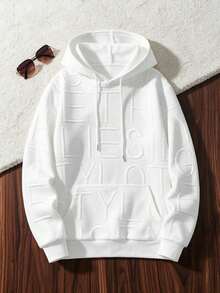 Men's Autumn/Winter New Letter Jacquard Sweatshirt, Fashionable Casual White Pullover, Solid Color Top, Long Sleeve Top - White - View 10