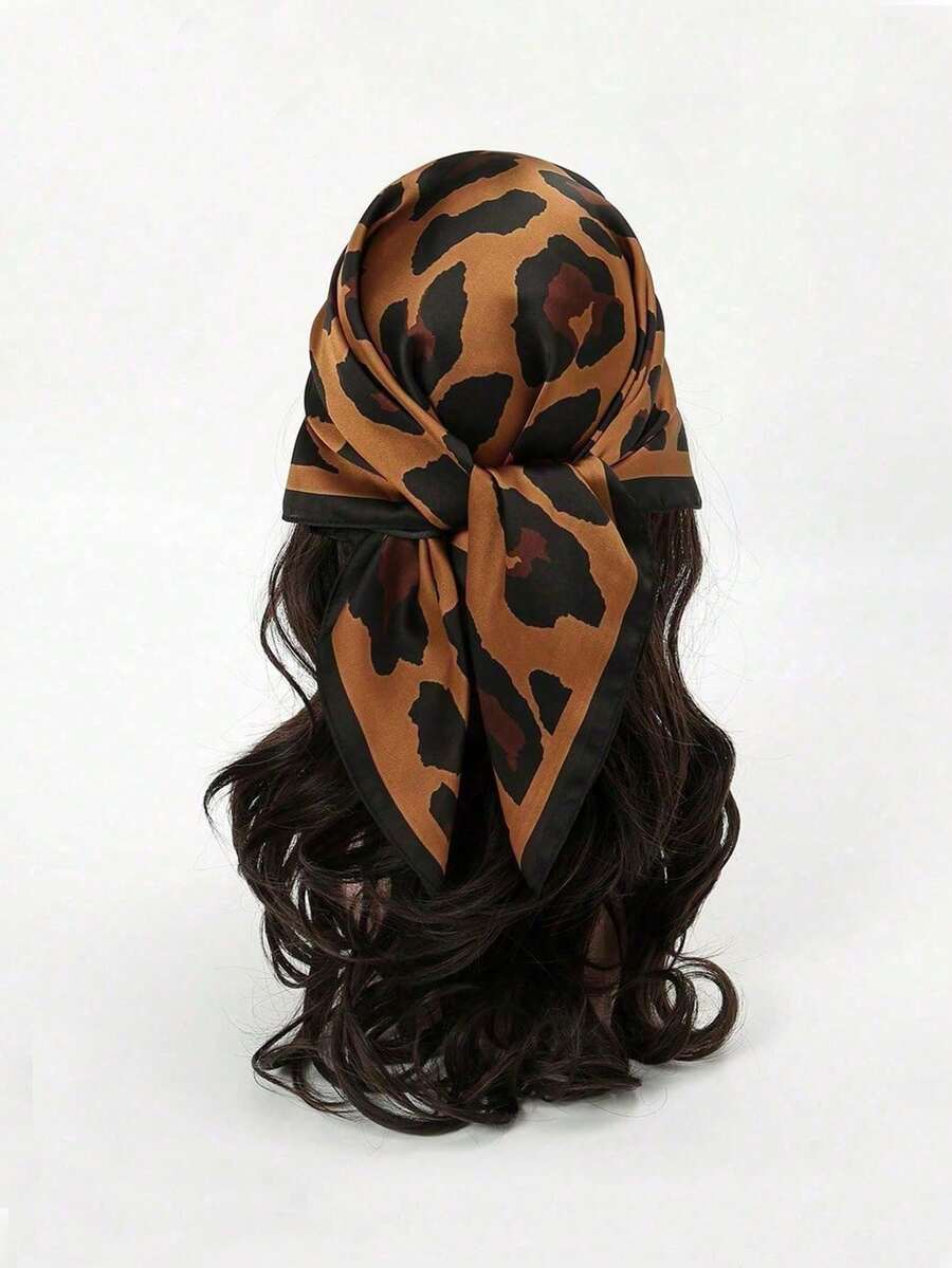 1PC Women's Leopard Print Satin Square Scarf, Vintage Silk Feel Neckerchief, Elegant French Chic Daily Wear - Multicolor - View 1