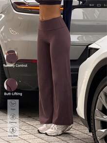 Aoqta Sports Women's Fall Casual Knitted Straight Leg Pants, Solid Color Folded Wide Waist Loose Sports Pants, For Yoga, Fitness And Daily Wear - Brown - View 3