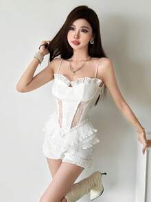 Top Dazzle Women's White Knitted Ruffle Shorts With Slight Stretch Comfortable Straight Leg Fit For Everyday Wear - White - View 4