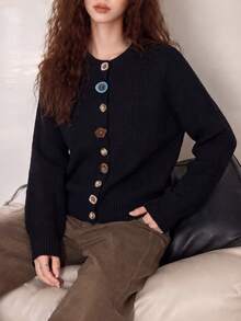 Women's Vintage Knit Cardigan, Long Sleeve Round Neck, Regular Length Asymmetrical Unique Button Front Sweater, Winter Fashion - Black - View 3