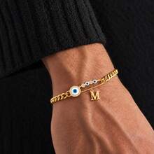 1pc New Vintage Initial Eye Pin Pendant Golden Stainless Steel Cuban Chain Bracelets For Men - Yellow Gold - View 1