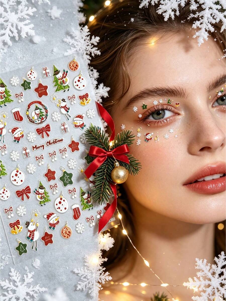 1pc Christmas Atmosphere Face Decoration Sticker Set With Tweezers, Self-Adhesive, Cartoon Snowman, Christmas Sock, Bell, Star, Gift Box Multi-Element Patterns, Suitable For Christmas Party, Portrait Photography, Stage Makeup Face Decoration - Multicolor - View 1