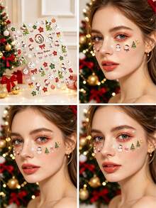 1pc Christmas Atmosphere Face Decoration Sticker Set With Tweezers, Self-Adhesive, Cartoon Snowman, Christmas Sock, Bell, Star, Gift Box Multi-Element Patterns, Suitable For Christmas Party, Portrait Photography, Stage Makeup Face Decoration - Multicolor - View 4