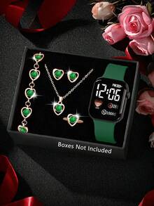 6pcs/Pink Heart-Shaped Full Jewelry Set + Astronaut/Rocket Digital Display Electronic Watch Complete Set, Sweet And Energetic, Versatile For Students And Daily Commute, One Set To Complete Your Outfit Accessories. Suitable For Parties, Dates, Outings And Various Holidays - Multicolor - View 17