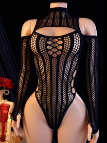 Women's Transparent Fishnet Hollow Jumpsuit - Cold Shoulder Style 1pc Sexy Lingerie Suitable For Romantic Nights, Date Nights And Special Occasions Hand Washable One Size Fits Most Weights (88-132 Lbs) Sexy Lingerie - Black - View 1