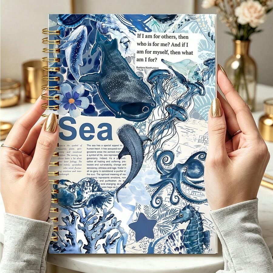 1pc Notebook With Marine Life Aesthetic Features, Spiral Bound Nautical Journal - A Humorous Floral Office Planner And Ocean Themed Notepad, Perfect As A Watercolor Art Gift For Women - B - View 1