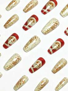 Christmas Medium-Long 24pcs Glossy White Santa Claus Pattern Fake Nails, Removable And Reusable Nail Stickers, Convenient For Travel, Parties, Events And Holidays - White - View 7