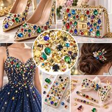 100pcs/200pcs Assorted Colors Gold Claw Setting Glass Rhinestones, Multi-Shape With Holes, Hand-Sewn Crystals For Dresses, Shoes, Bags, Headwear, Phone Cases, DIY Handmade Decoration Accessories Material Pack - Multicolor - View 3