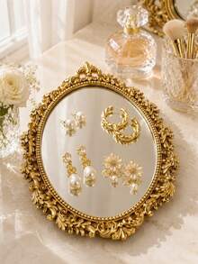 Vintage Gold Oval Mirror Jewelry Tray, Baroque Carved Vanity Storage Dish, Suitable For Rings, Earrings, Necklaces And Bracelets Storage, Vanity And Bathroom Countertop Decor - Multicolor - View 9