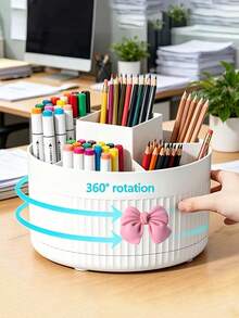 Desktop 360 Degree Rotating Multifunctional Storage Box With Bow Decoration, Pen Holder For Cosmetics, Makeup Brushes, Eyebrow Pencils, Desk Organizer With 5 Compartments - Multi-Functional Pencil, Marker, Scissors And Stationery Storage Rack, Suitable For Office, Vanity, Dorm, Classroom, Christmas Gift, Birthday Gift, Holiday Essential, Home - Multicolor - View 2