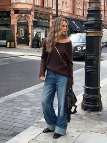 Sookaug Women's Autumn/Winter Coffee Color Off-Shoulder Asymmetric Button Knit Sweater, Versatile Elegant Elegant Long Sleeve Pullover, 2026 New Arrival, Off-Shoulder Knit Sweater, Asymmetric Button Design, Autumn Long Sleeve Regular Fit Pullover - Brown - View 11