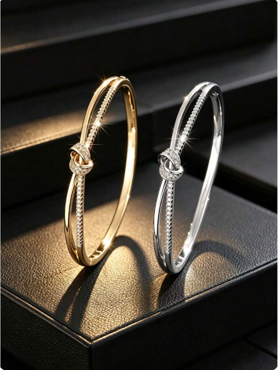 1pc Knot Double Bar Decorative Element Bracelet, Dual-Tone, Daily Commute Gift, Women's Decorative Wristband Accessory - Bracelet - View 1