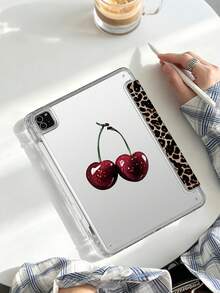 1pc Brown Leopard Print Red Cherry Tablet Case Compatible With IPad Mini6/Mini7/10.2/10.5/10.9 (Air4-Air8)/Pro 11/10th Gen/A16/Pro 11 2024, Double-Sided Painted Pattern Tablet Case With Transparent Acrylic Back Shell, Silk Texture 8-Fold Stand, Auto Sleep/Wake, Built-In Pen Slot, Pen Not Included, Some Models With Camera Frame - Multicolor - View 5