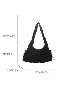 Women's Drawstring Design Large Capacity Casual Underarm Tote Bag, Pleated Strap Bohemian Style Shoulder Bag, Suitable For Daily Outings - Black - View 7