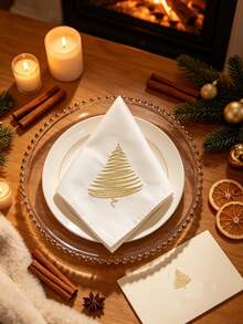 1pc 100% Polyester White Square Cloth Napkin With Golden Christmas Tree Embroidery, Reusable Fabric Dinner Napkin For Xmas Holiday Table Setting & Party Decoration - Multicolor - View 8