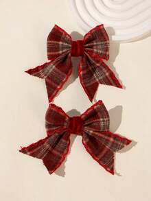 2pcs Girls Plaid School Style Multi-Color Bow Ponytail Side Hair Clips, Suitable For Autumn/Winter Daily Wear - Red - View 1