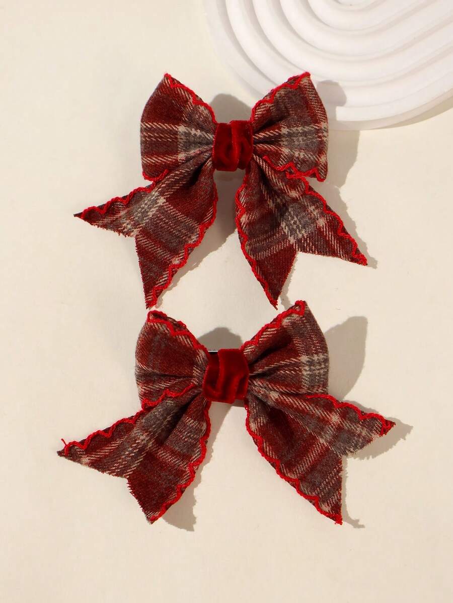 2pcs Girls Plaid School Style Multi-Color Bow Ponytail Side Hair Clips, Suitable For Autumn/Winter Daily Wear - Red - View 1