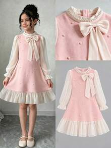 Gaun Anak Perempuan Elegan Berkerah Bulat dengan Hiasan Mutiara dan Pita Besar, Lengan Panjang, Bahan Chiffon - Berwarna merah muda - View 1